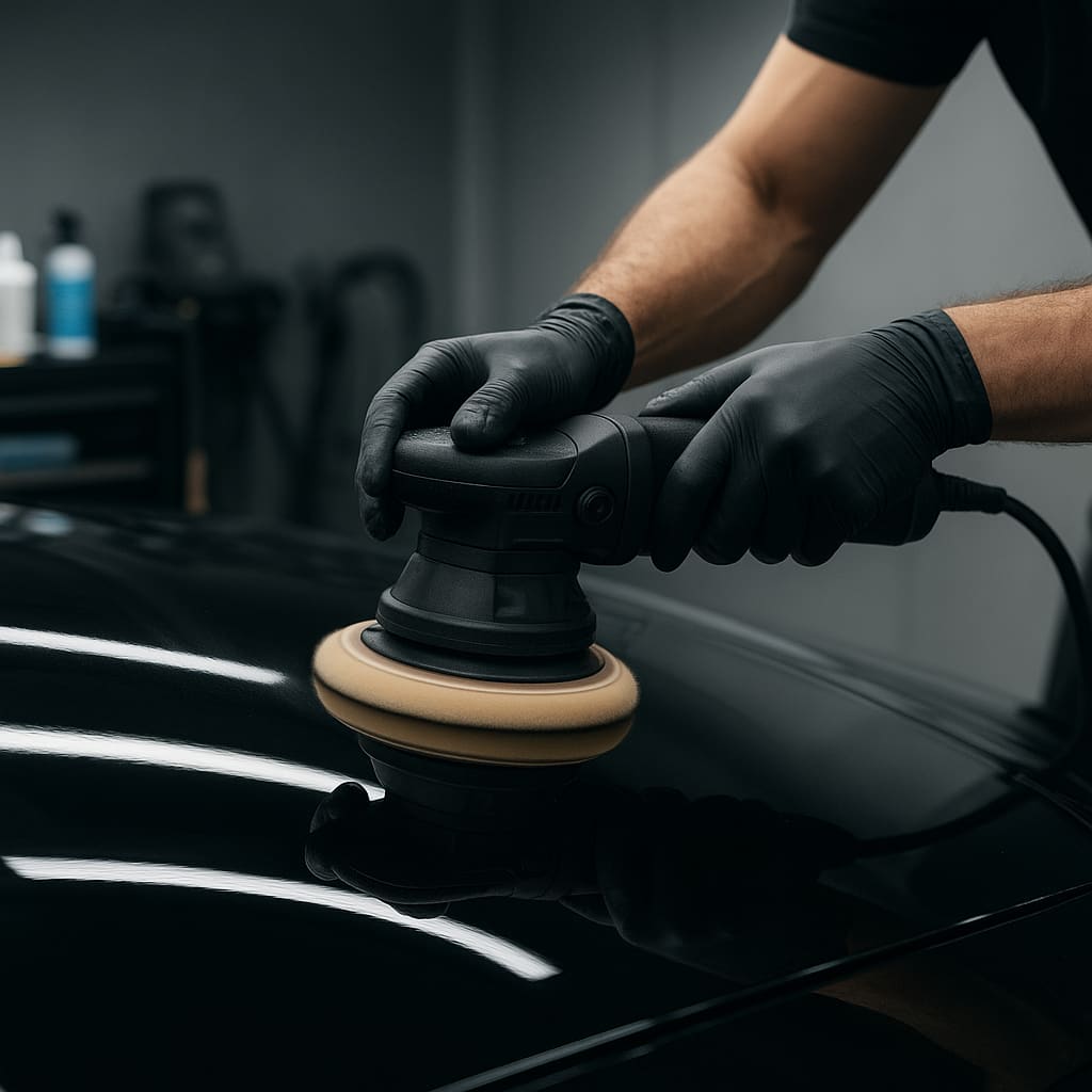 Professioneller Detailer poliert Luxusfahrzeug